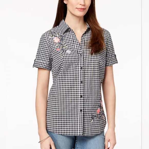 NWT Karen Scott Floral Embroidered Gingham Black&White Shirt Size M - Picture 3 of 13